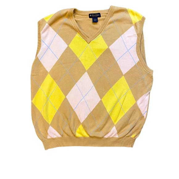 Brooks Brothers Argyle Diamond Sweater Vest Pima Cotton V Neck Tan Pastel XL - Picture 1 of 6